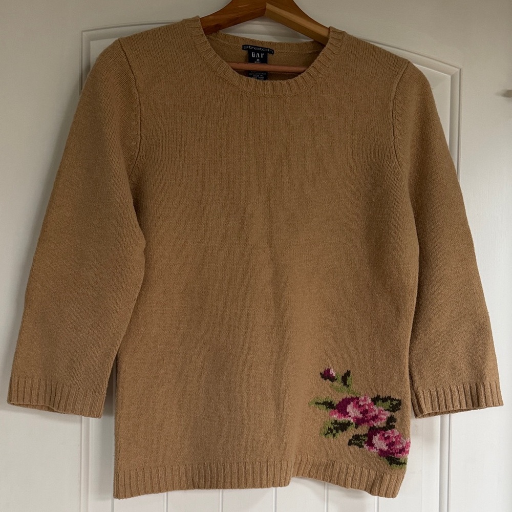GAP Lambswool Crewneck Sweater with Pink Floral Embroidery